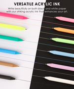 Twelve colored acrylic gel pens showing vibrant ink lines on contrasting black and white paper.