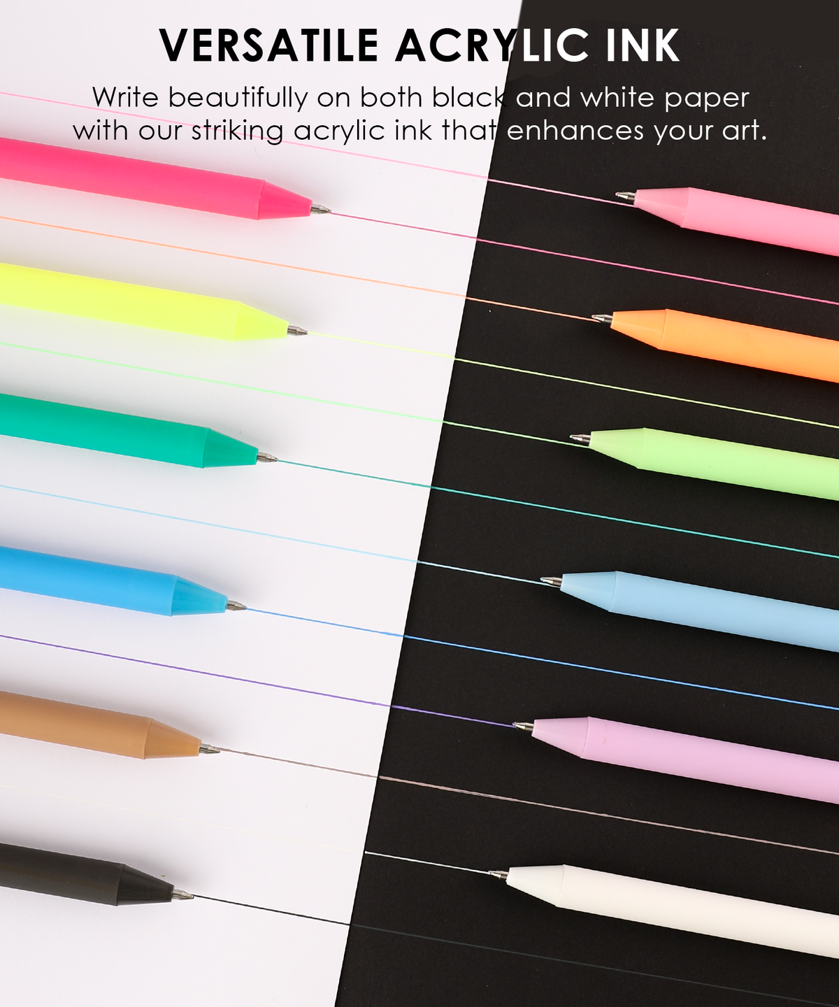 Twelve colored acrylic gel pens showing vibrant ink lines on contrasting black and white paper.