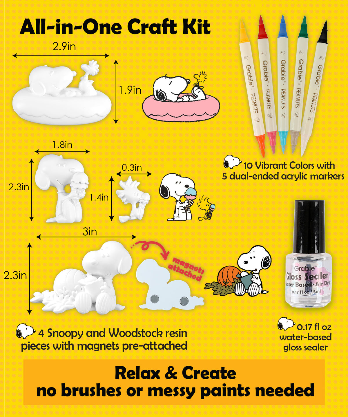Dimensions and contents chart for all-in-one Snoopy magnet painting art kit including resin magnets and gloss sealer.