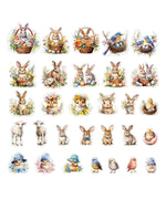 60 Pcs Grabie Exclusive The Magic Of Easter Sticker Set featuring cute bunnies, chicks, birds, lambs, and spring flowers.