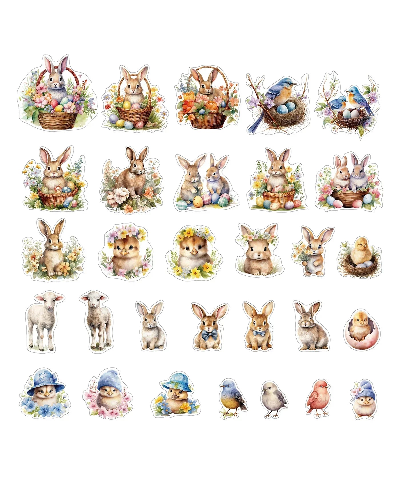 60 Pcs Grabie Exclusive The Magic Of Easter Sticker Set featuring cute bunnies, chicks, birds, lambs, and spring flowers.