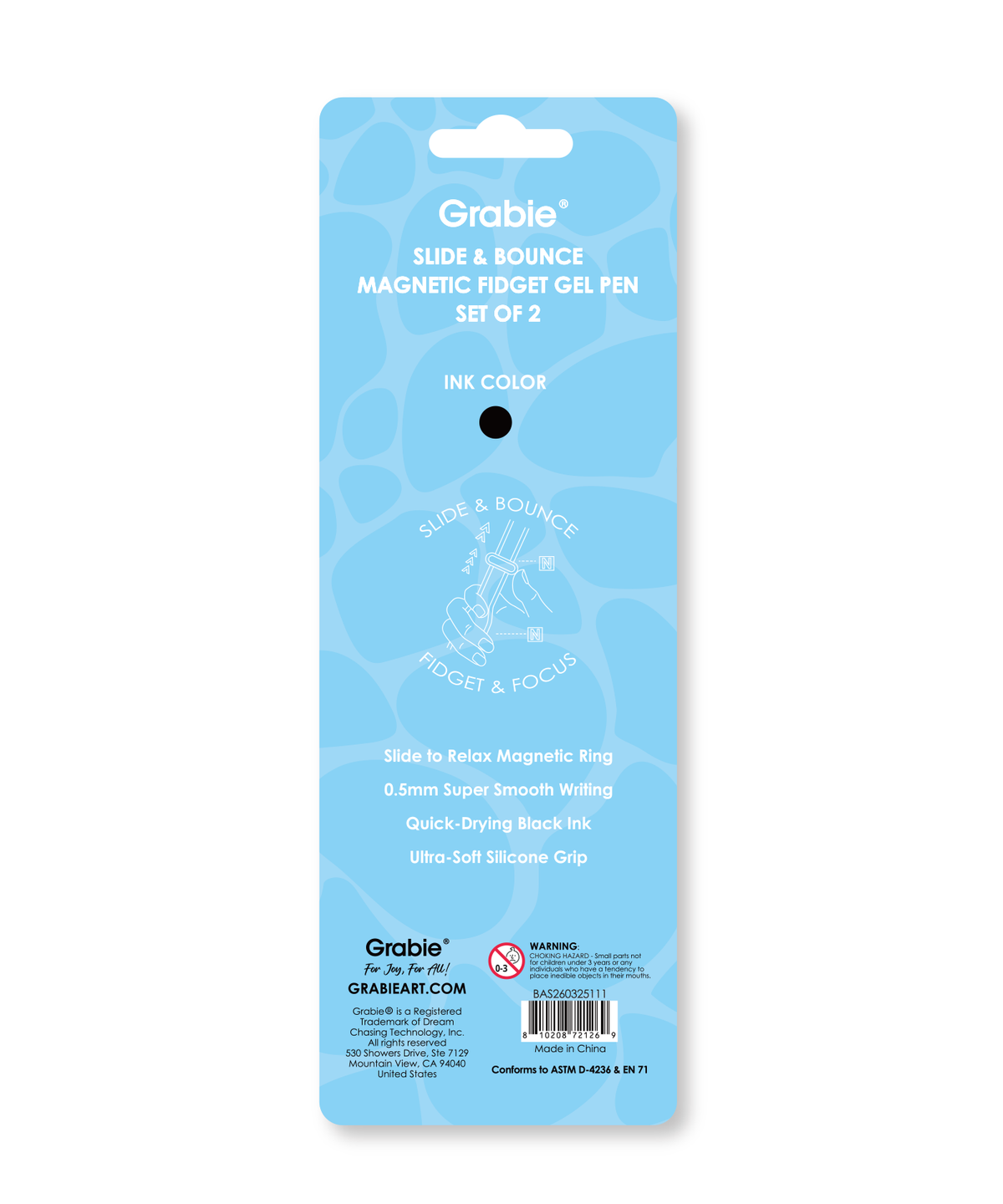 Back side of Grabie magnetic fidget pen packaging showing product features, black ink indicator, and safety details.