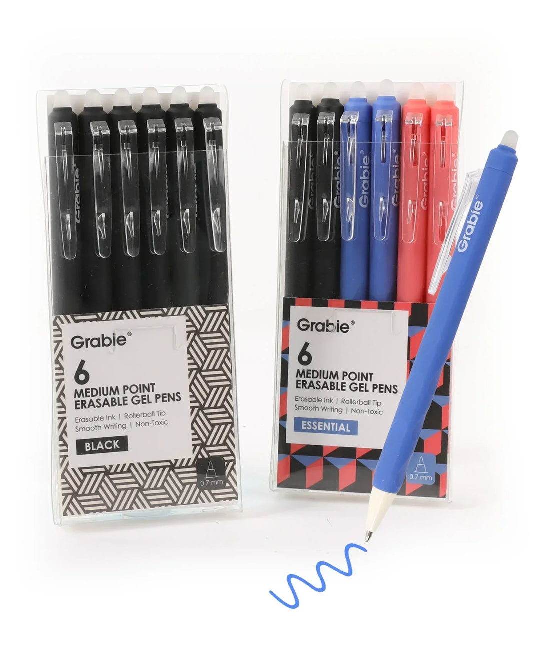 Medium Point Retractable Erasable Gel Pen Set of 6 in black, blue, and red colors with smooth writing ink.
