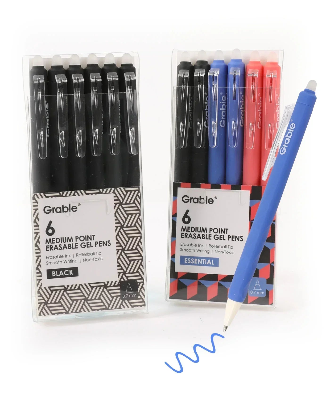 Medium Point Retractable Erasable Gel Pen Set of 6 in black, blue, and red colors with smooth writing ink.