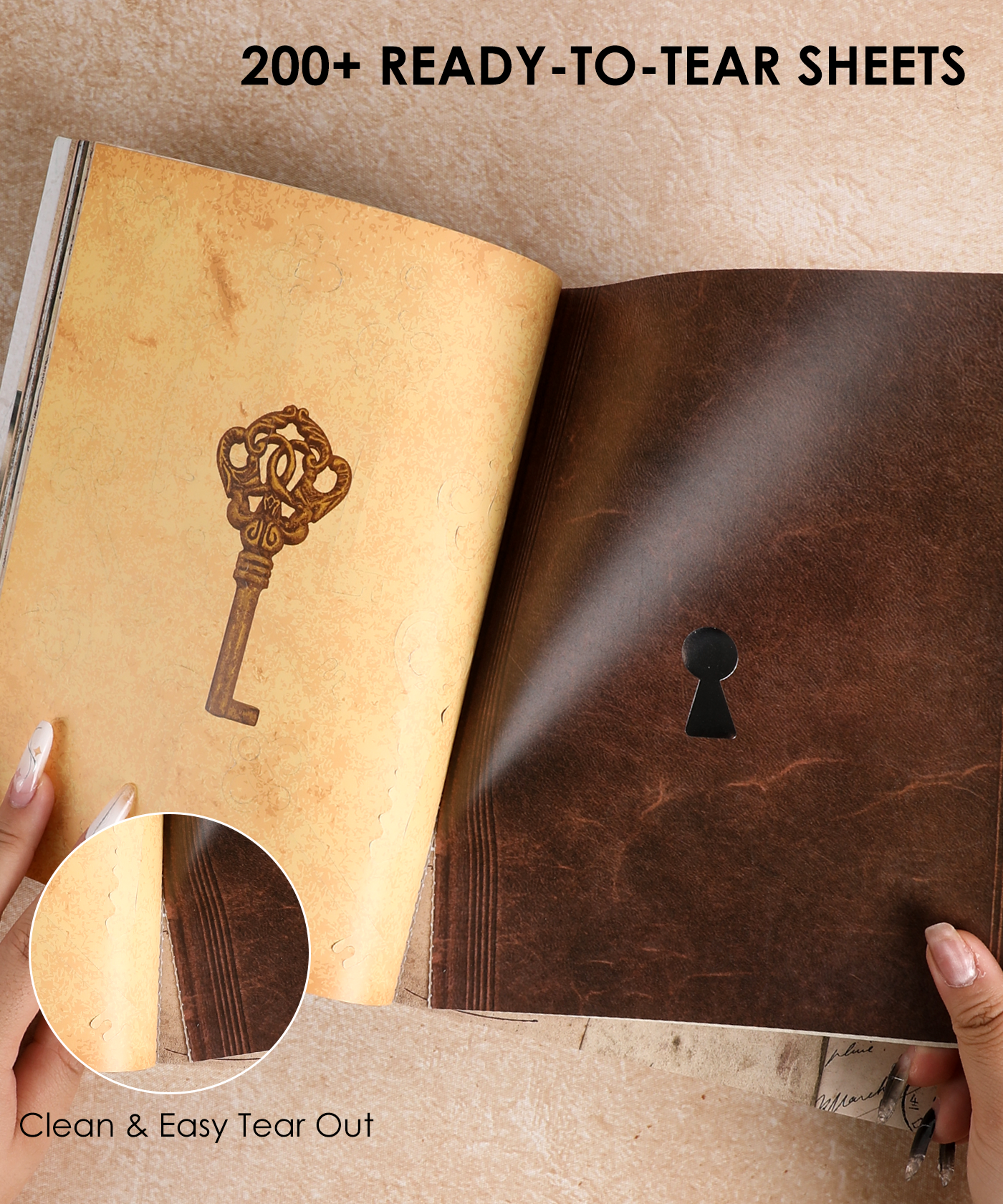 Steampunk Explorer-Themed Grabie Scrapbook Club Box with vintage key and keyhole design pages, 200+ tear-out sheets