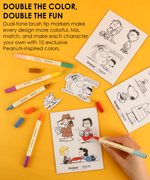 Hand coloring Snoopy and Lucy pop-out canvas magnets using dual-tone brush tip markers.