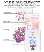 Four creative uses for Peanuts glitter gel pens including calligraphy, journaling, coloring, and drawing.