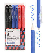 Grabie Medium Point Erasable Gel Pen Set showing black, blue, and red pens with smooth writing and erasable ink demonstration