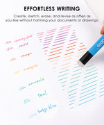 Blue erasable gel pen with eraser erasing colorful ink handwriting lines on white paper smoothly.