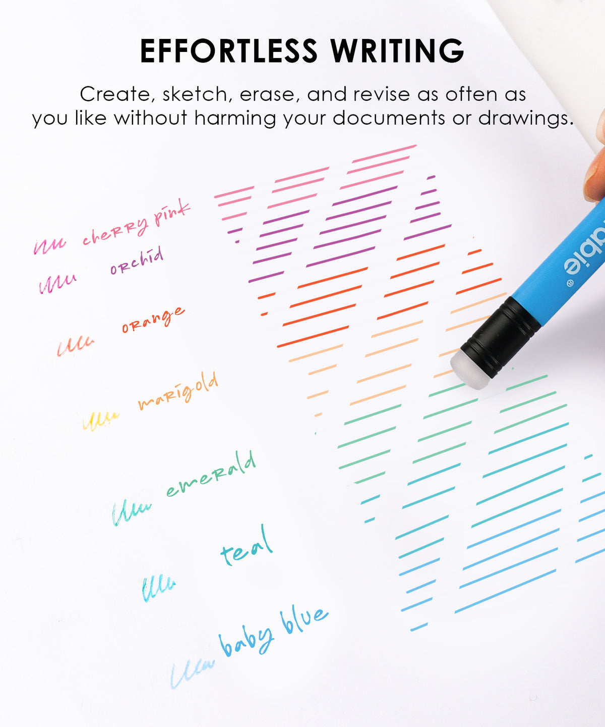 Blue erasable gel pen with eraser erasing colorful ink handwriting lines on white paper smoothly.