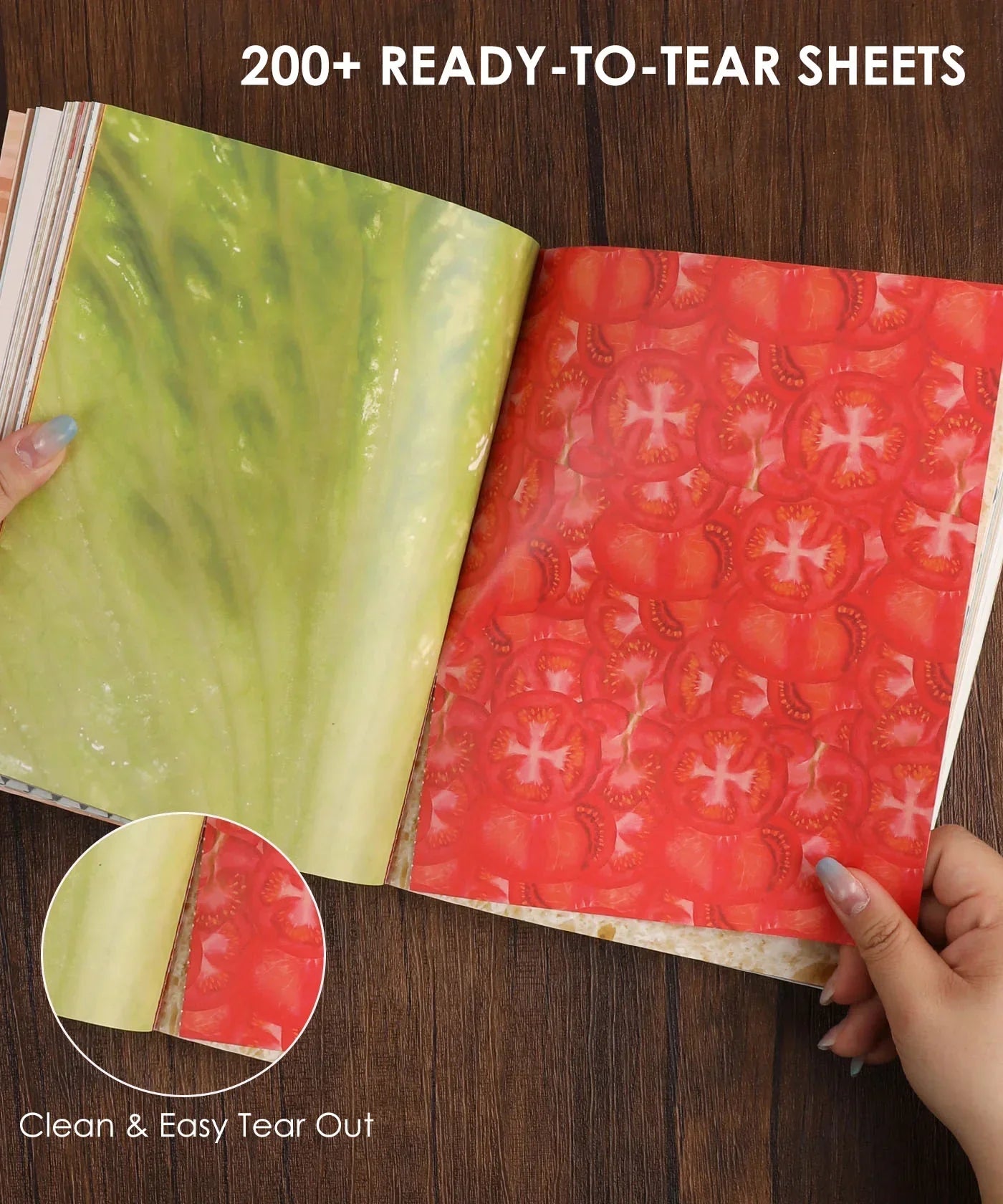 200+ Pages The Flavor Folio Collage Activity Book open with vibrant fruit-themed collage sheets and easy tear-out design.