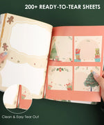 Open "200+ Pages Holiday Magic Collage Activity Book" showing ready-to-tear sheets with festive scrapbook designs.