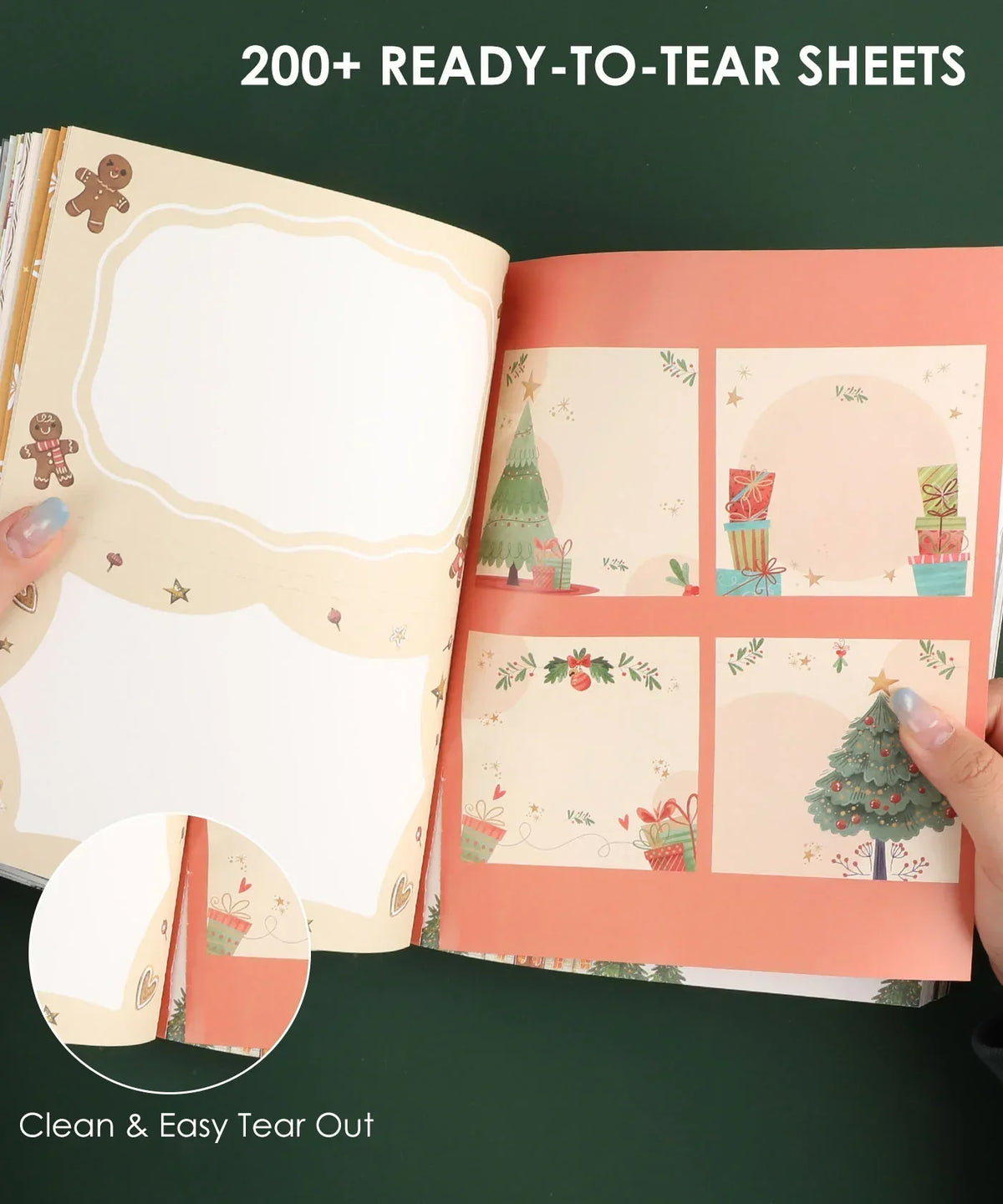 Open "200+ Pages Holiday Magic Collage Activity Book" showing ready-to-tear sheets with festive scrapbook designs.