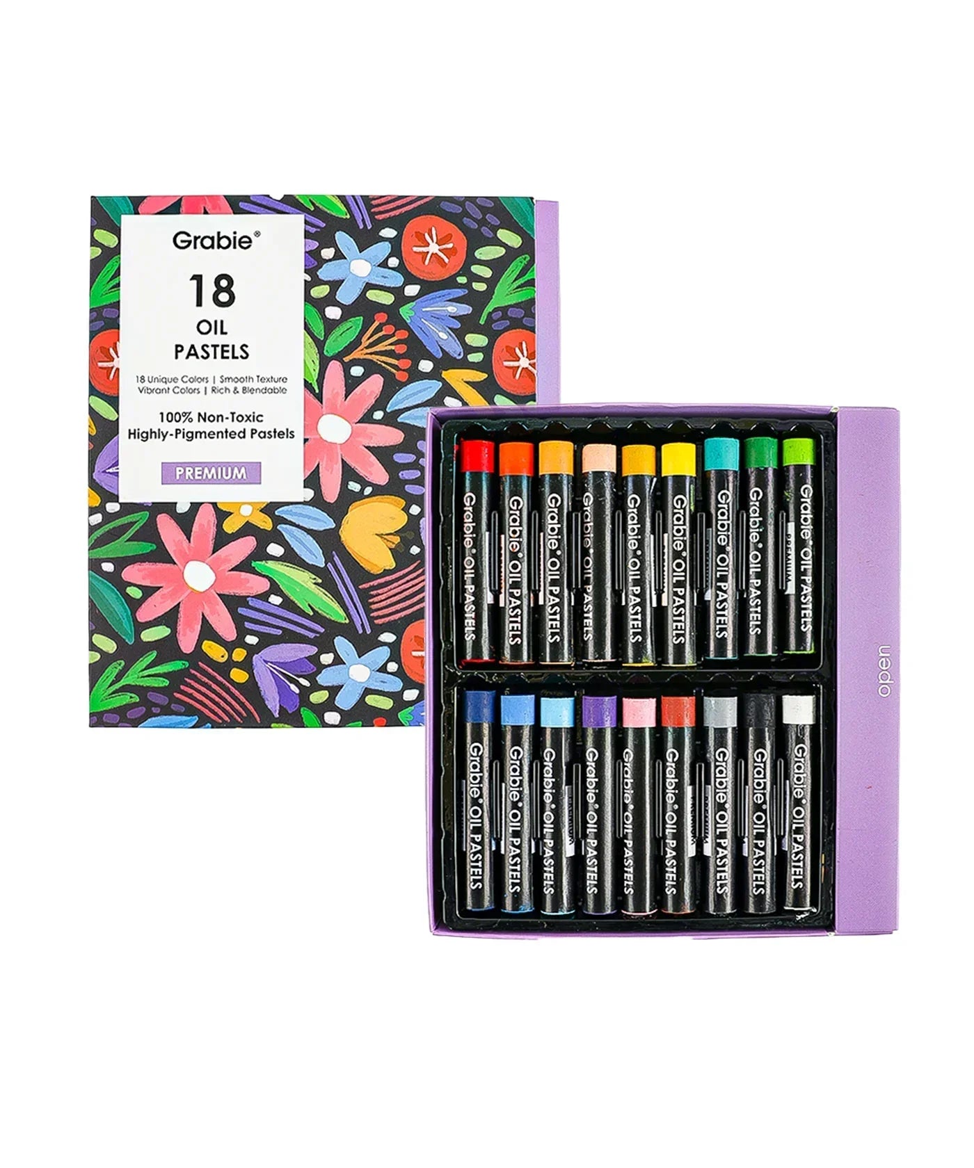 18 Colors Premium Oil Pastel Set with vibrant assorted shades in a colorful floral patterned box for art supplies use