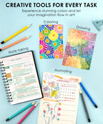 Creative art tasks showcasing gel pens for coloring floral art, drawing patterns, note-taking, and journaling.