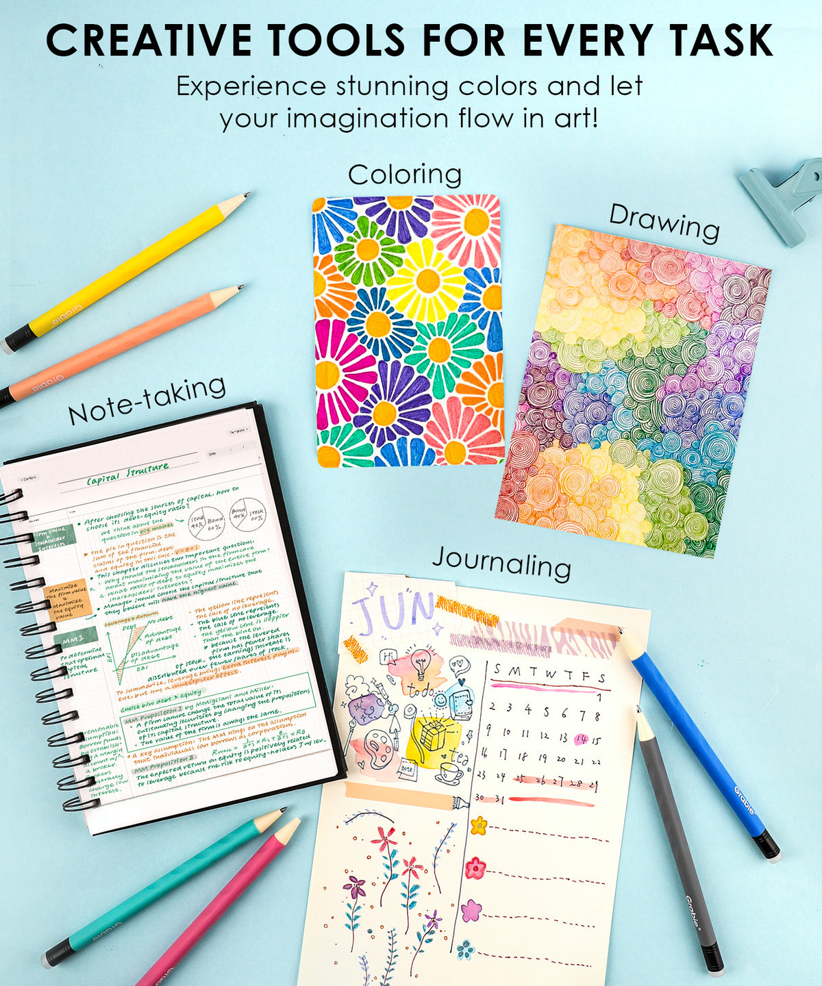 Creative art tasks showcasing gel pens for coloring floral art, drawing patterns, note-taking, and journaling.