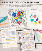 Four creative uses for gel pens including coloring doodles, drawing art, note-taking, and daily journaling.