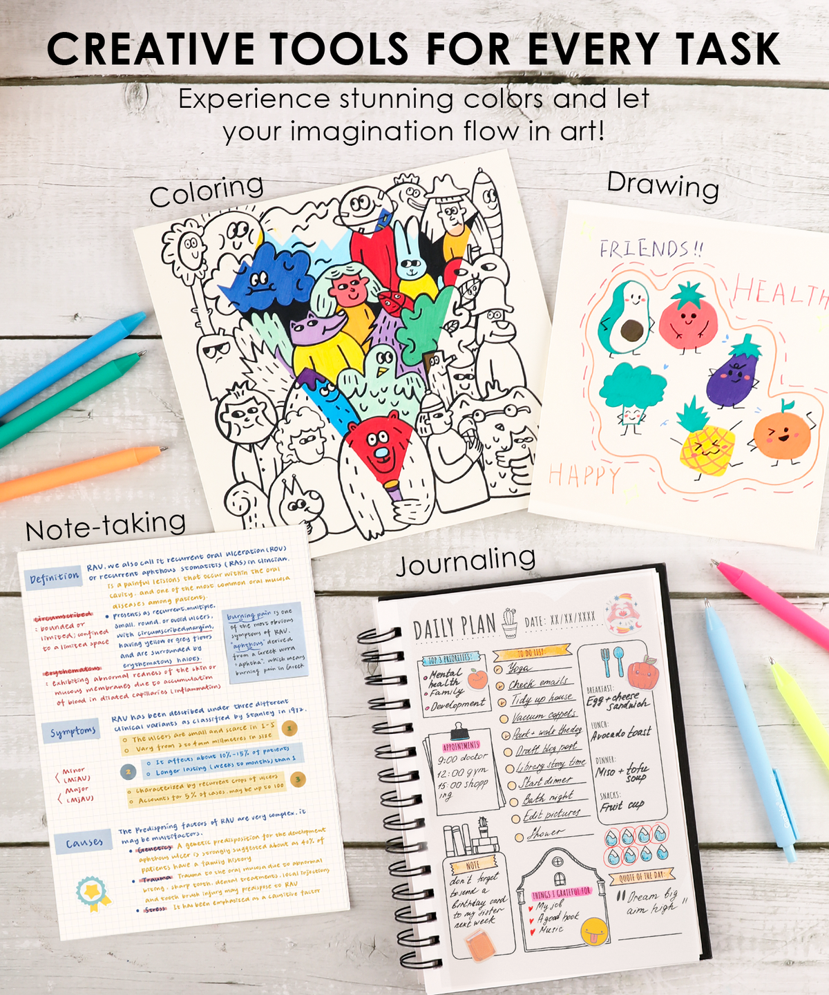 Four creative uses for gel pens including coloring doodles, drawing art, note-taking, and daily journaling.