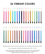A 36-color set of Grabie erasable gel pens arranged neatly with matching color swatch lines.