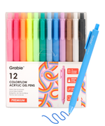 Grabie 12-color set of retractable acrylic gel pens in clear box with a blue pen drawing wavy line.