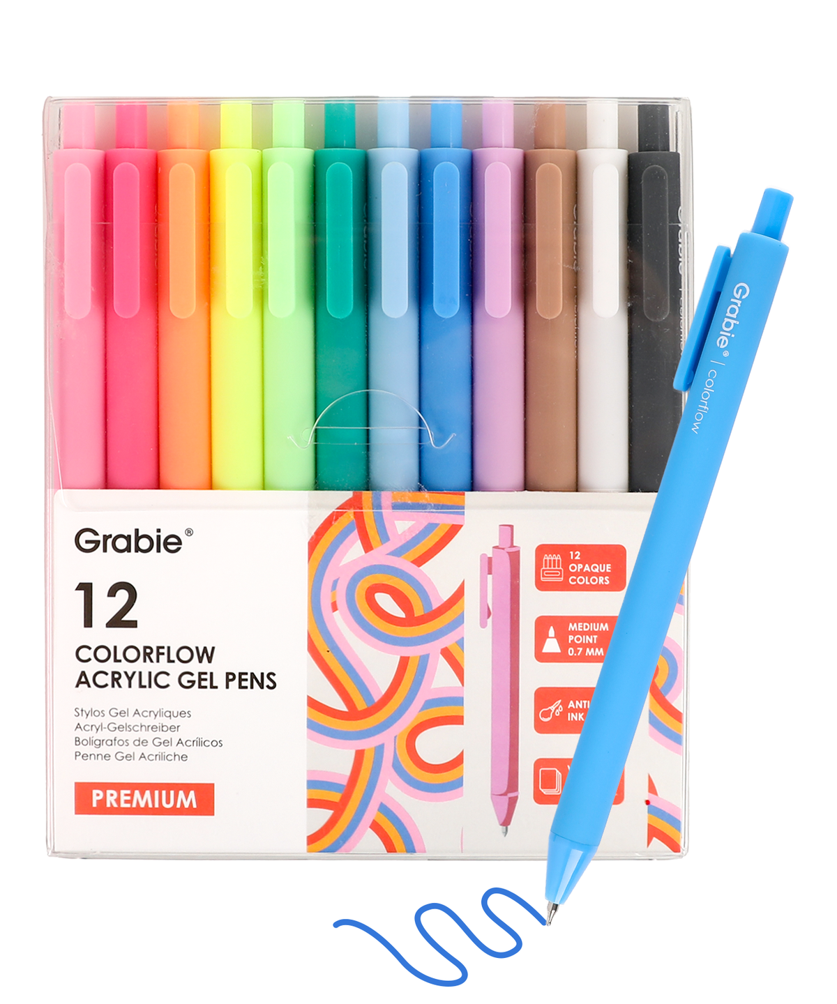 Grabie 12-color set of retractable acrylic gel pens in clear box with a blue pen drawing wavy line.