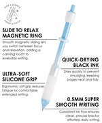 Single blue magnetic fidget pen showing the sliding magnetic ring, ultra-soft silicone grip, and 0.5mm tip.