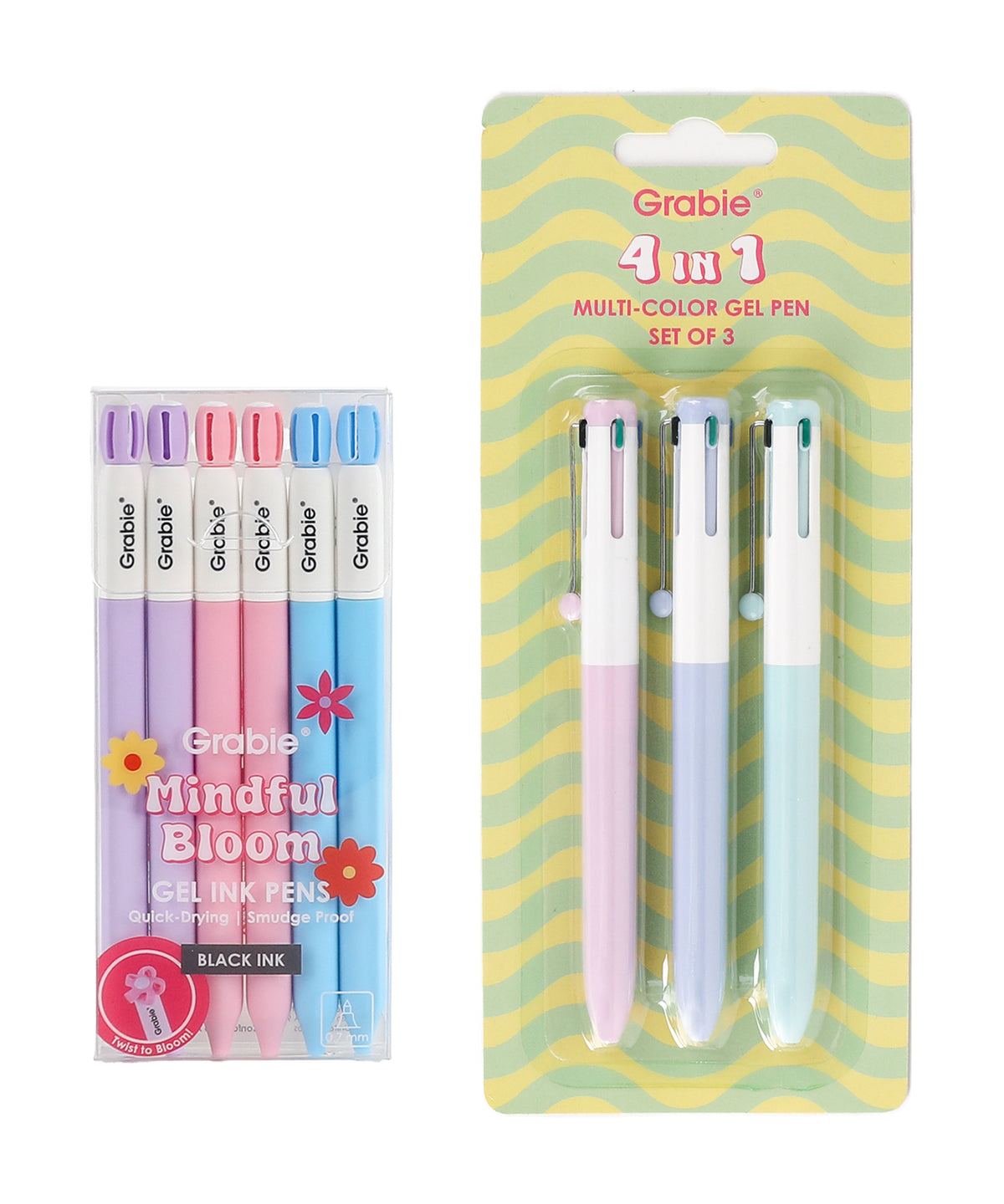 Side-by-side display of Grabie Mindful Bloom 6-pack gel pens and 4-in-1 multi-color 3-pack pen sets packaging