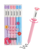 Grabie Mindful Bloom 6-pack retractable gel pens in clear box with a pink pen demonstrating twist to bloom flower tip.