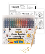 Grabie x Peanuts Snoopy 18-color iridescent glitter pens set with comic strip coloring pages.