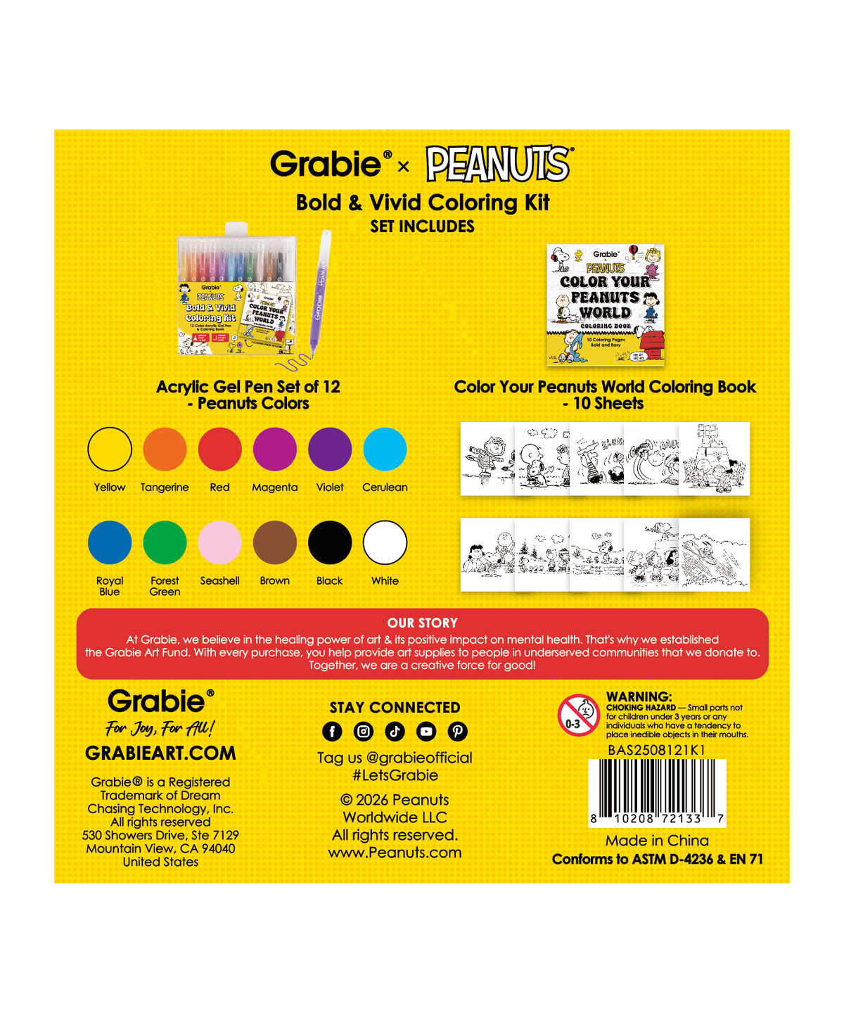 Back of Grabie x Peanuts Bold and Vivid Coloring Kit box showing set contents, barcodes, and safety compliance.