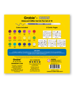 Back packaging of Grabie x Peanuts Iridescent Glitter Gel Ink Pen Set showing 18 color swatches and 5 comic pages.