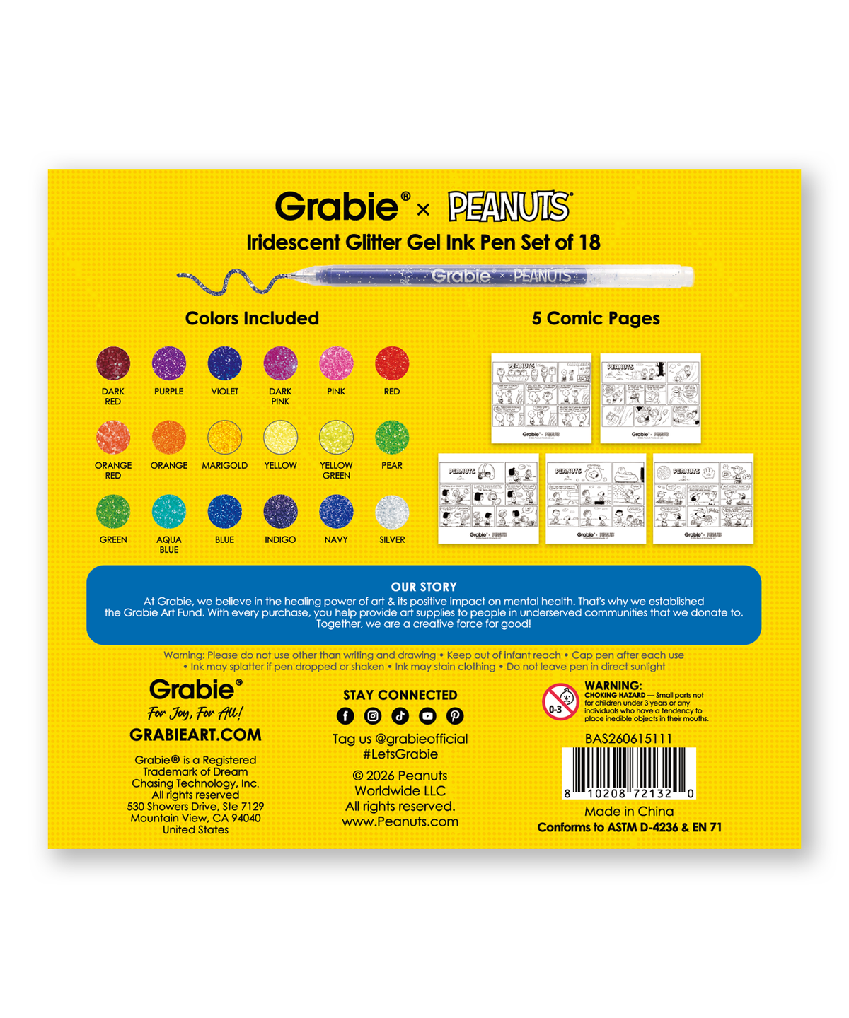 Back packaging of Grabie x Peanuts Iridescent Glitter Gel Ink Pen Set showing 18 color swatches and 5 comic pages.