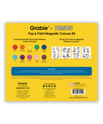 Back of Grabie x Peanuts Pop & Paint Magnetic Canvas Kit packaging showing 10 color swatches and 14 magnet designs.