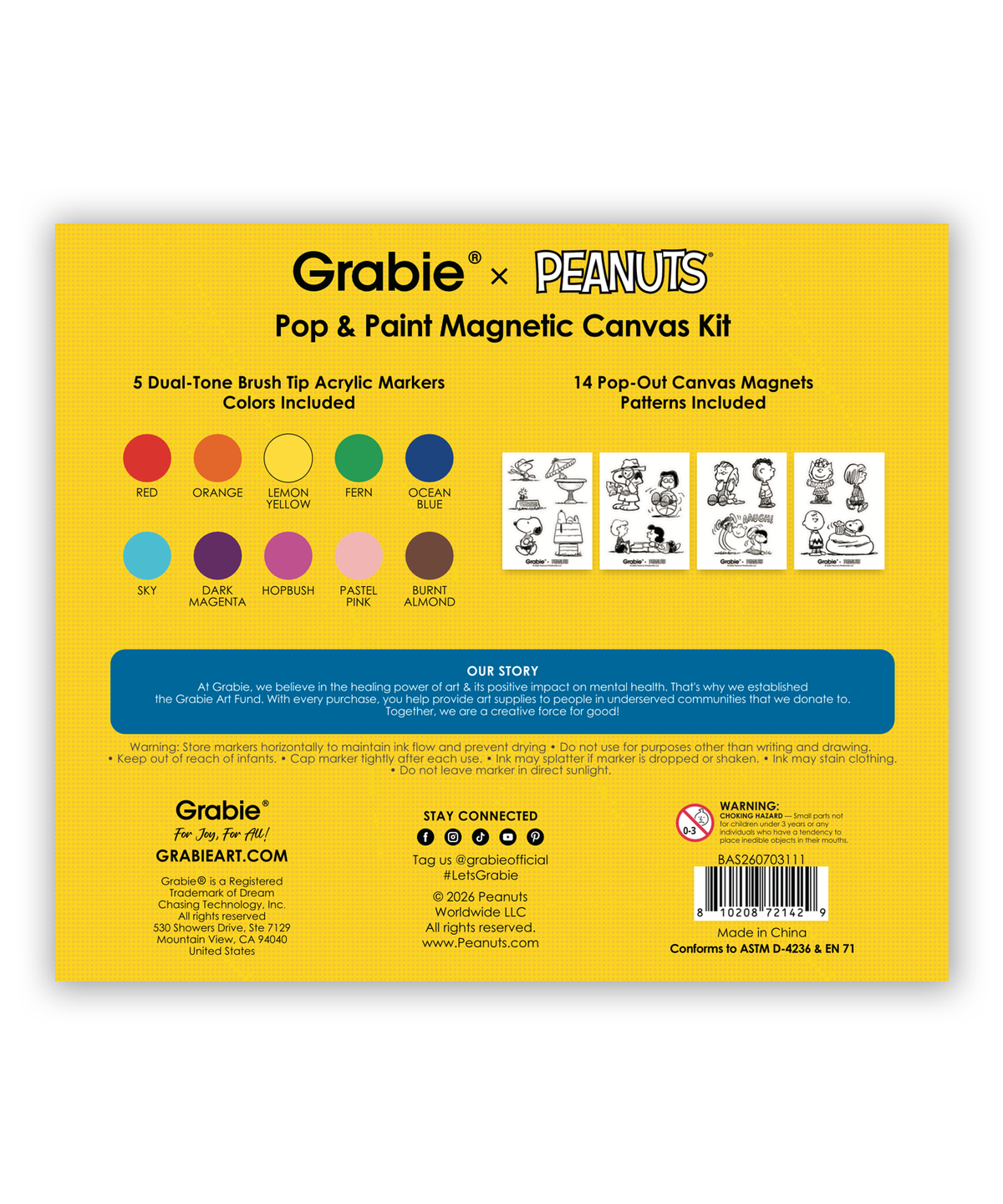 Back of Grabie x Peanuts Pop & Paint Magnetic Canvas Kit packaging showing 10 color swatches and 14 magnet designs.