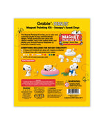 Back of Grabie x Peanuts Snoopy Magnet Painting Kit box showing included items, color inspiration guide, and barcodes.