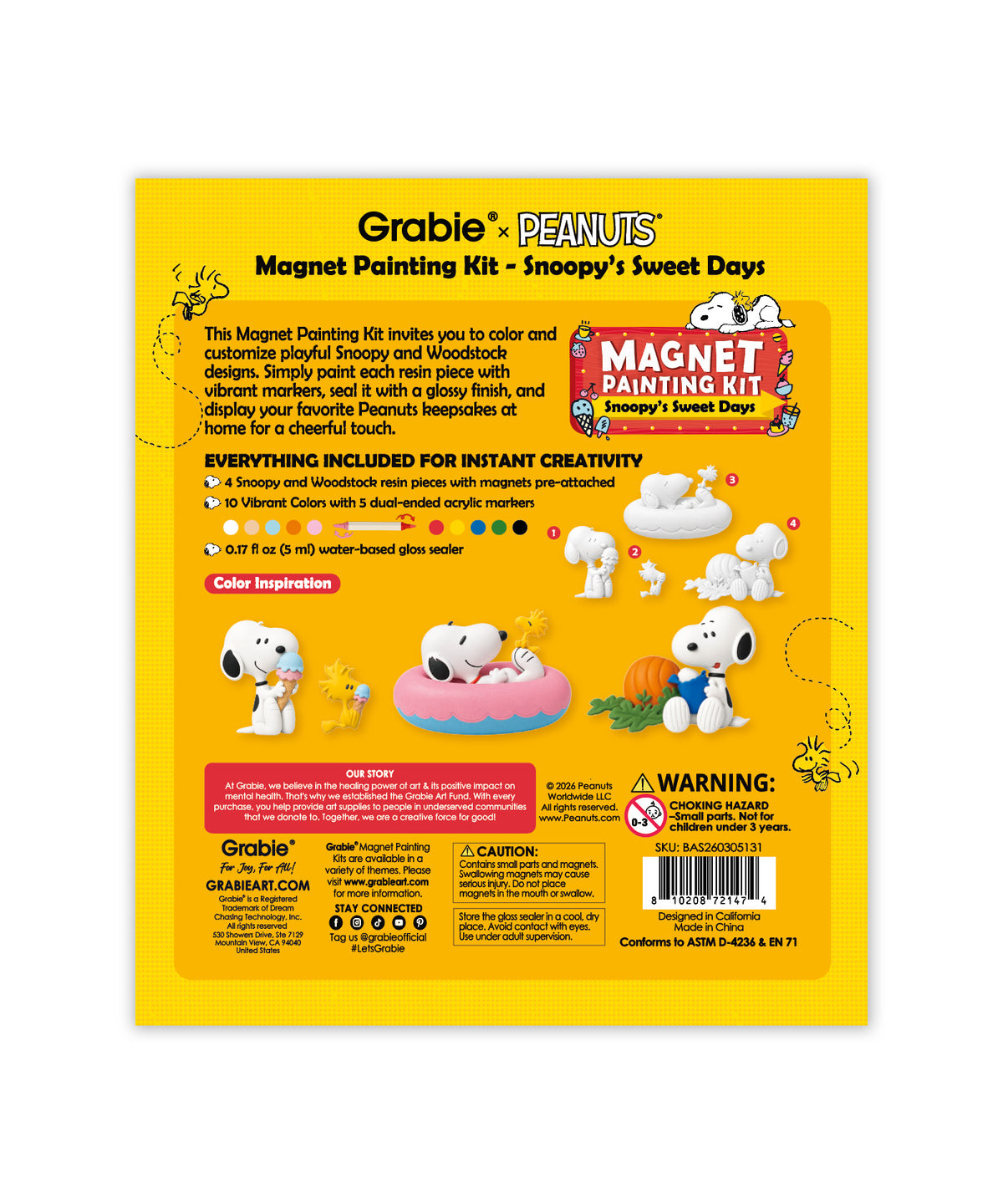 Back of Grabie x Peanuts Snoopy Magnet Painting Kit box showing included items, color inspiration guide, and barcodes.