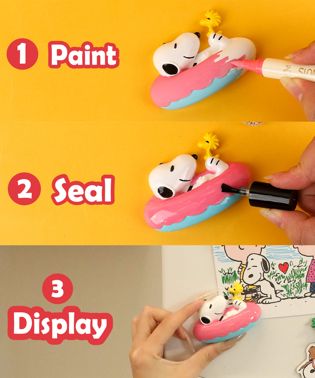 Three steps diagram showing how to paint, seal, and display a Snoopy resin magnet using paint markers.