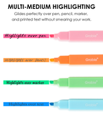 Four Grabie highlighters smoothly gliding over pen, pencil, marker, and printed text without smearing.