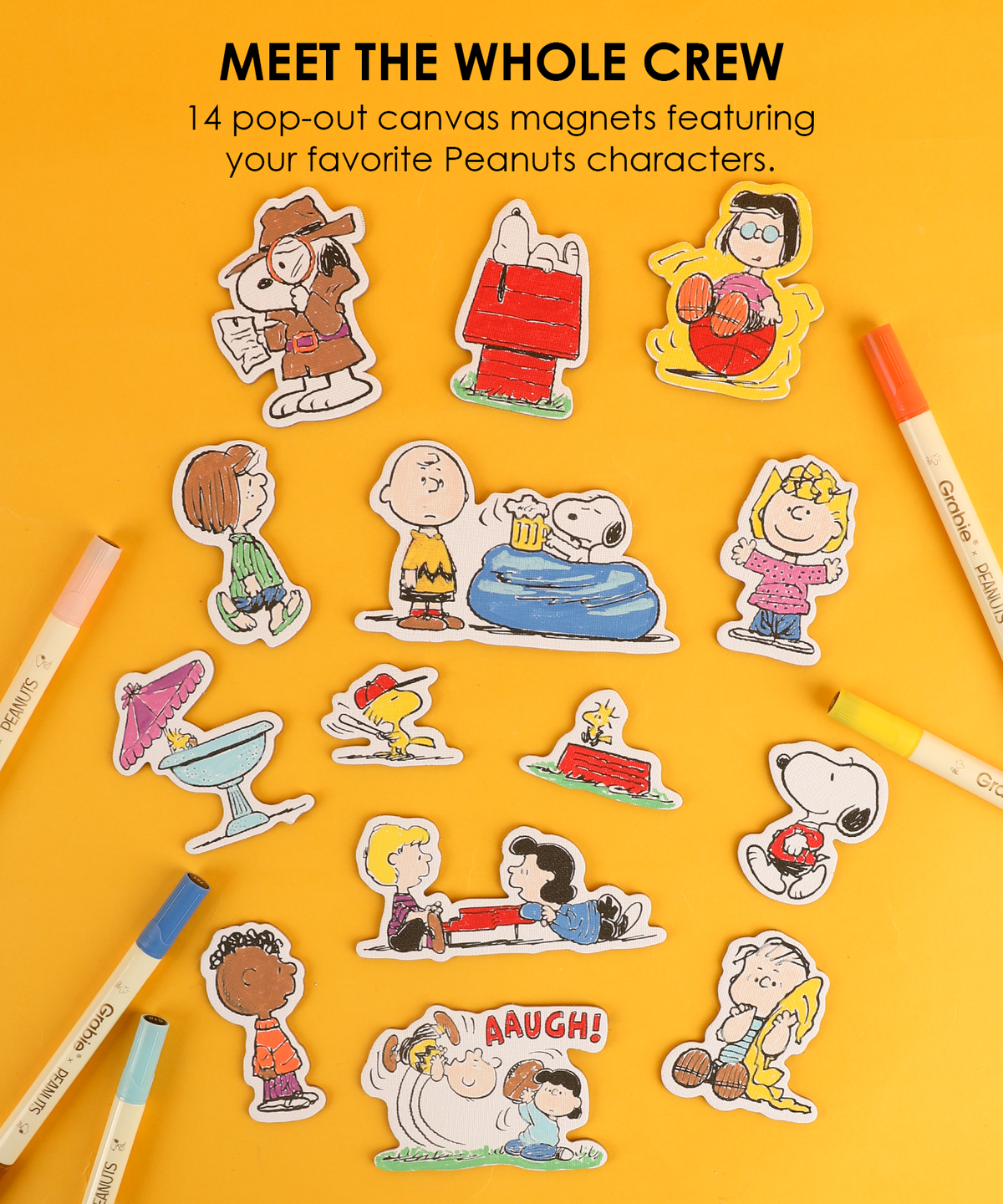 Fourteen colorful pop-out canvas cute fridge magnets featuring Snoopy, Woodstock, Charlie Brown, Lucy, and Sally.