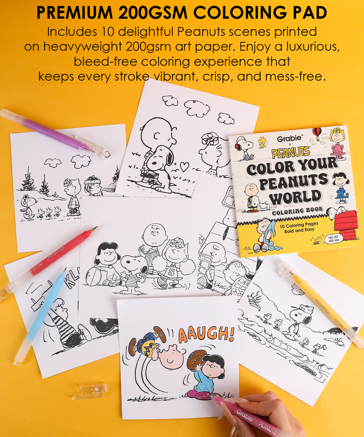 Ten 200gsm Peanuts coloring pages featuring Snoopy, Charlie Brown, Lucy, and Sally artwork.