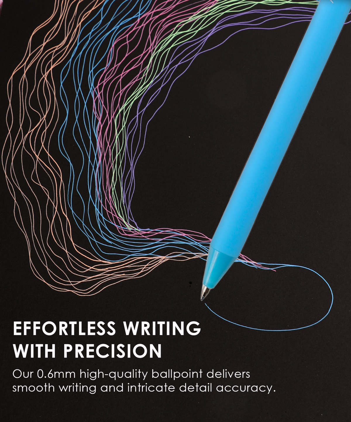 Precision tip blue acrylic gel pen drawing fine colorful wavy lines on black paper background.