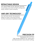 Blue retractable acrylic gel pen featuring 0.7mm precision ballpoint tip and anti-dry technology.