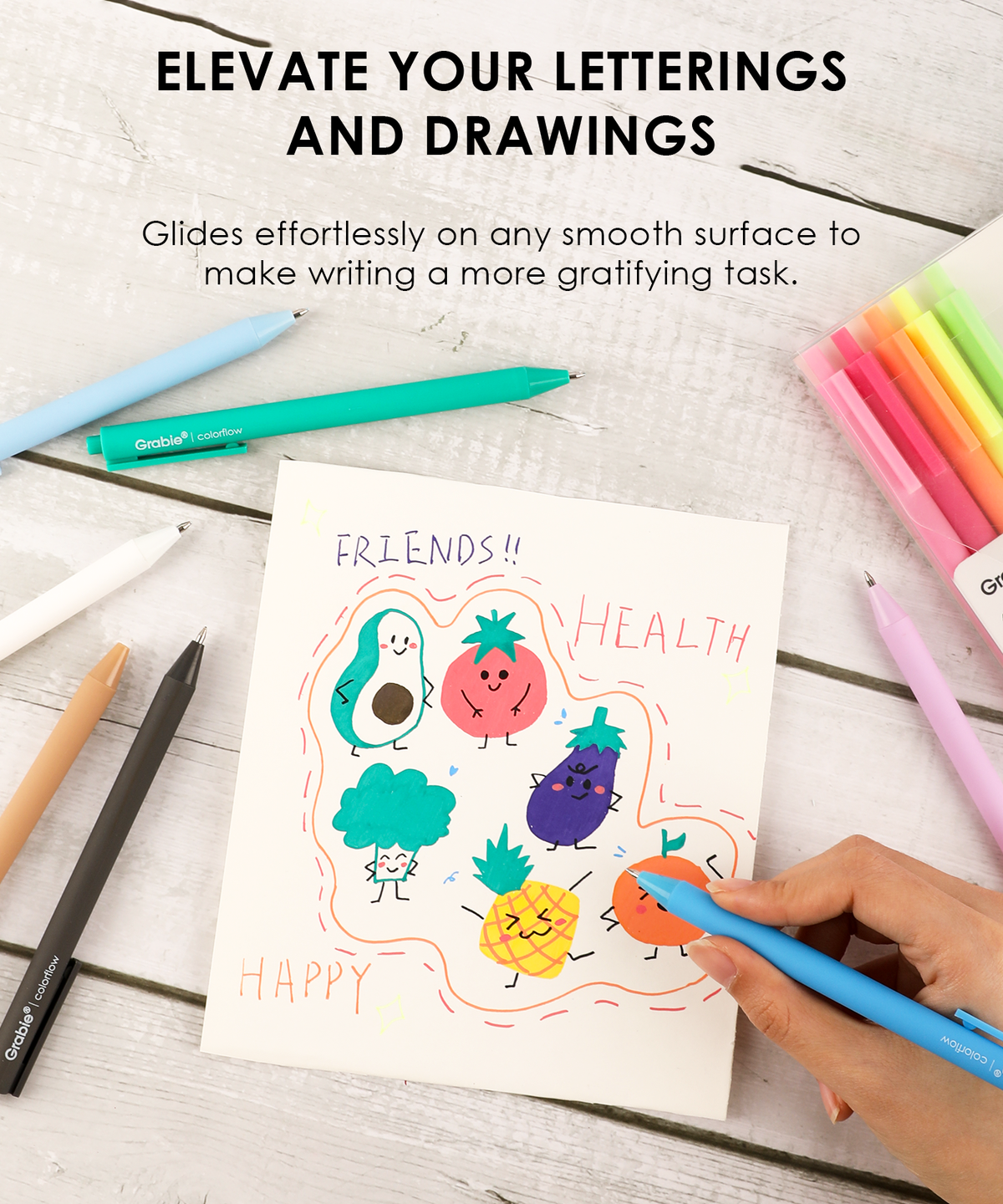 Hand coloring cute fruit illustrations on paper using a light blue retractable gel pen.