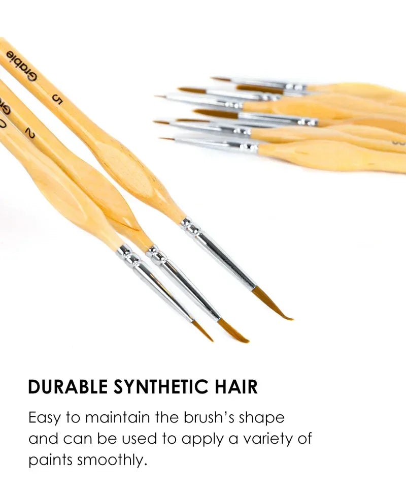 11 Pcs Miniature Detail Paint Brush Set With Natural Wood Handle featuring synthetic hair for smooth paint application