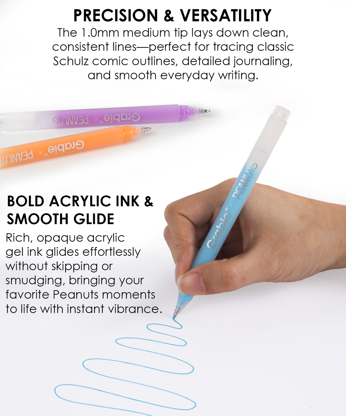 Hand drawing smooth blue lines with a Peanuts acrylic gel pen on paper.