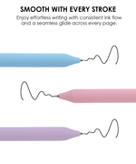 Close-up of blue, pink, and purple gel pen tips drawing smooth continuous black ink strokes across the page.