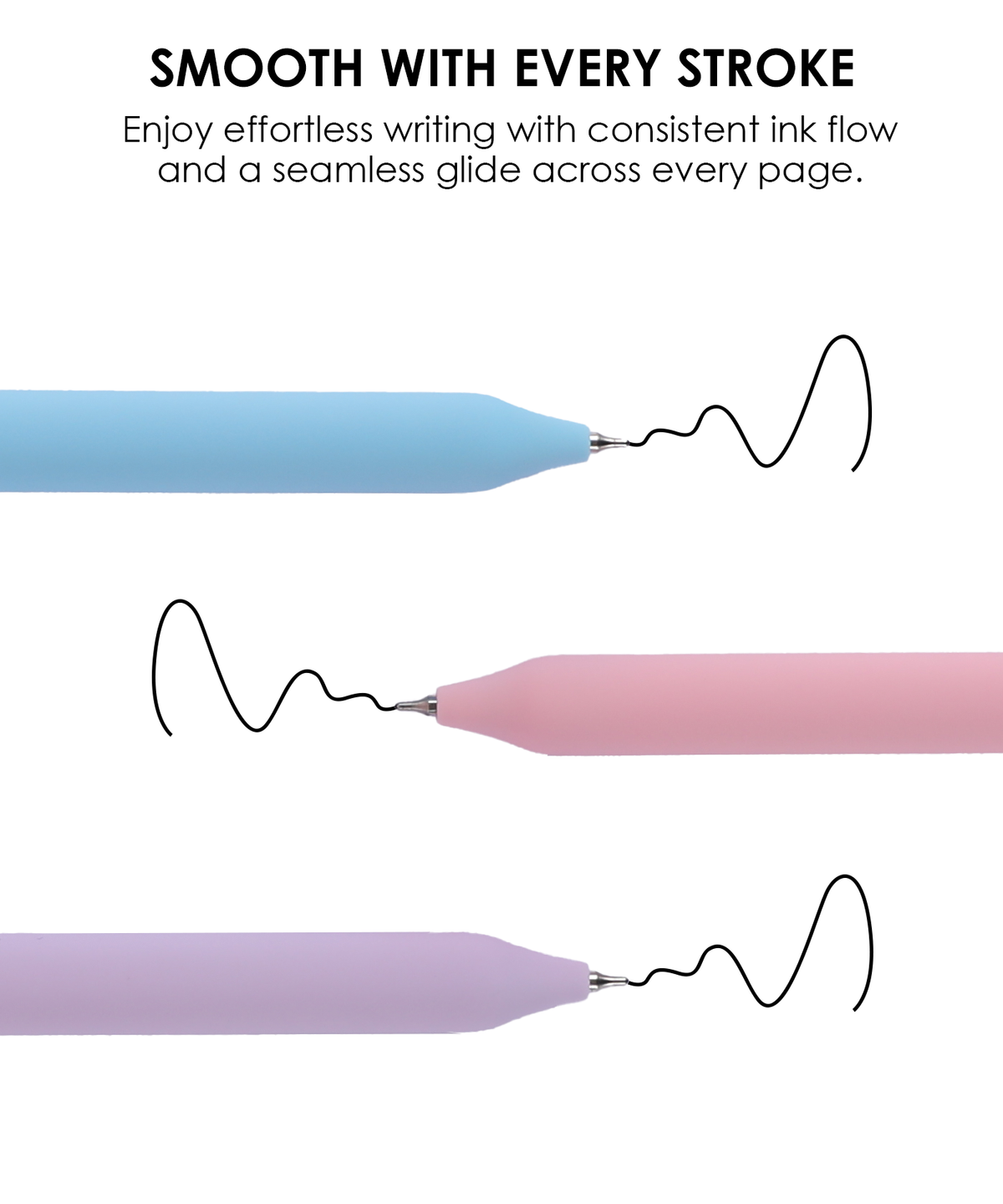 Close-up of blue, pink, and purple gel pen tips drawing smooth continuous black ink strokes across the page.