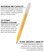 Yellow Grabie x Peanuts acrylic gel pen showing 1.0mm tip and high-opacity direct-fill ink barrel.