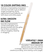 Single Grabie x Peanuts gold iridescent glitter pen showing 1.0mm rollerball tip and color-shifting shimmer ink.