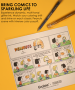 Completed Peanuts comic strip with Lucy and Sally brought to life using colorful pen with glitter.